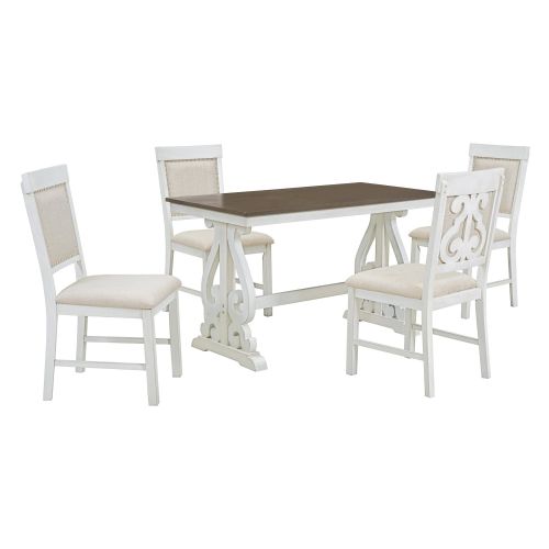 TREXM 5-Piece Retro Dining Set, Rectangular Wooden Dining Table and 4 Upholstered Chairs for Dining Room and Kitchen (Brown+White) TREXM 5-Piece Retro Dining Set, Rectangular Wooden Dining Table and 4 Upholstered Chairs for Dining Room and Kitchen (Brown+White)