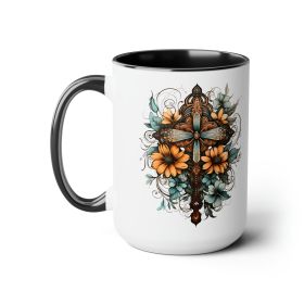 Accent Ceramic Coffee Mug 15oz - Blue Brown Yellow Christian Cross Floral Bouquet Illustration